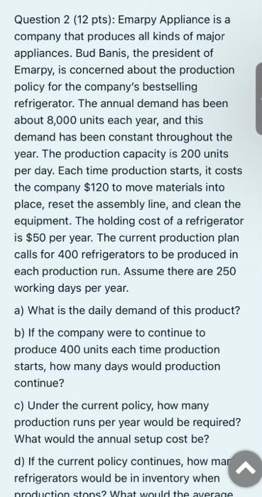 Question 2 (12 pts): Emarpy Appliance is a