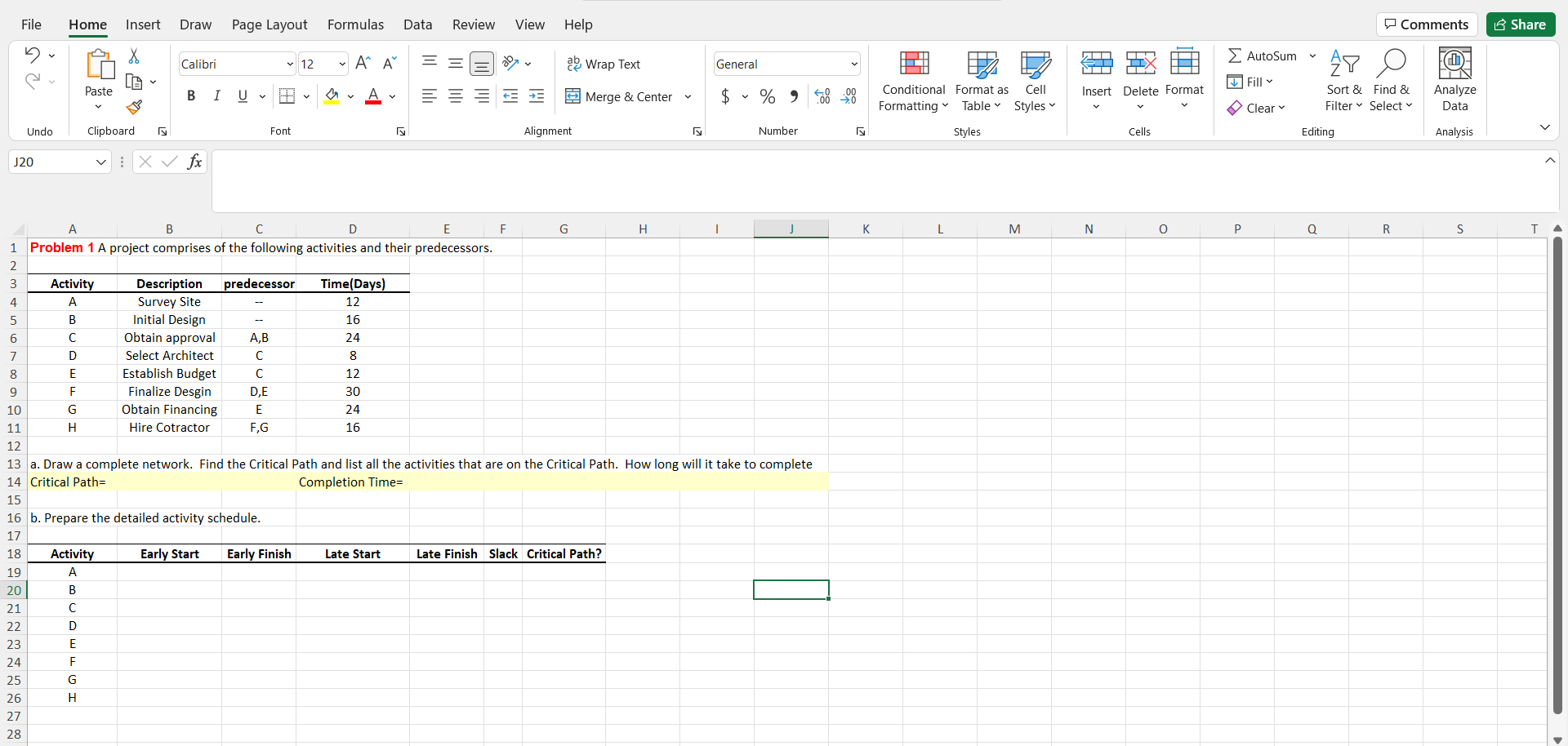 Please show in Excel. File Home Insert Draw Page