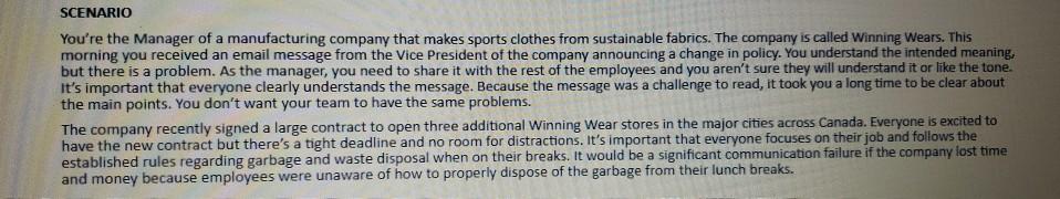 SCENARIO You're the Manager of a manufacturing