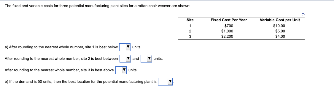 The fixed and variable costs for three potential