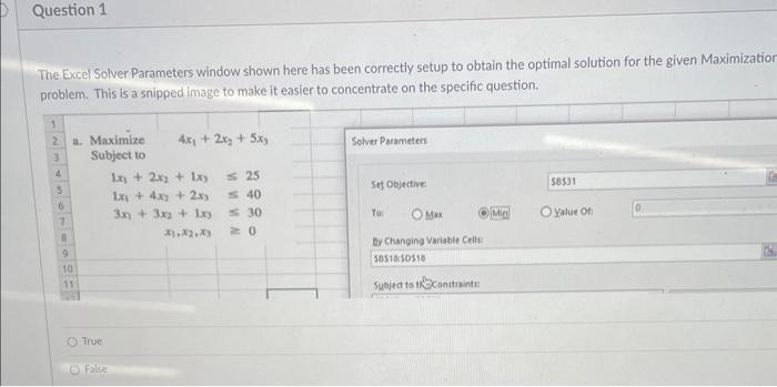 The Excel Solver Parameters window shown here has