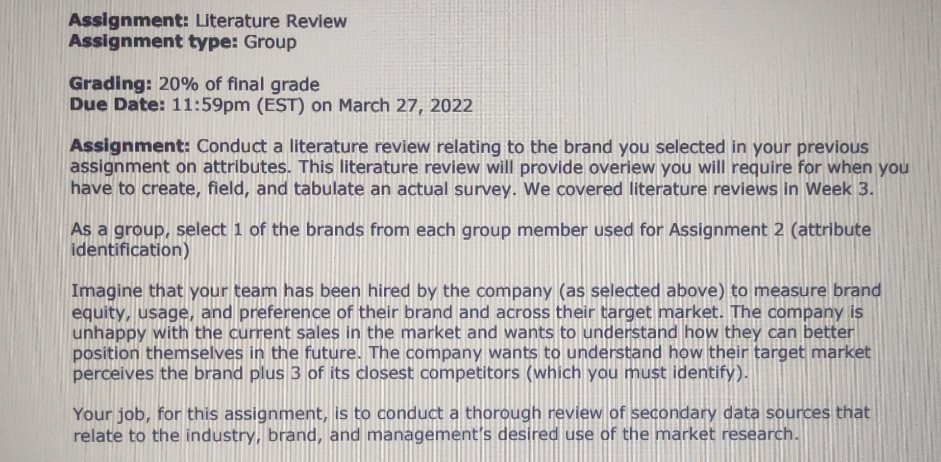 Assignment: Literature Review Assignment type: