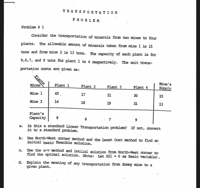 TRANSPORTATION PROBLEM Problem #1 Consider the