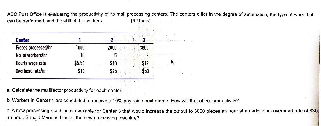 ABC Post Office is evaluating the productivity of