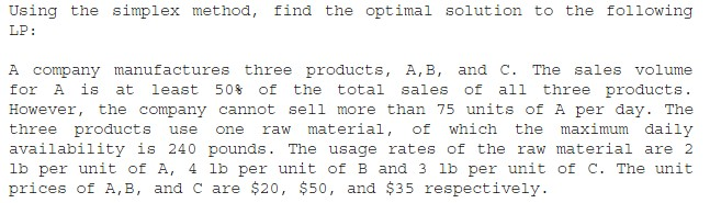 Using the simplex method, find the optimal