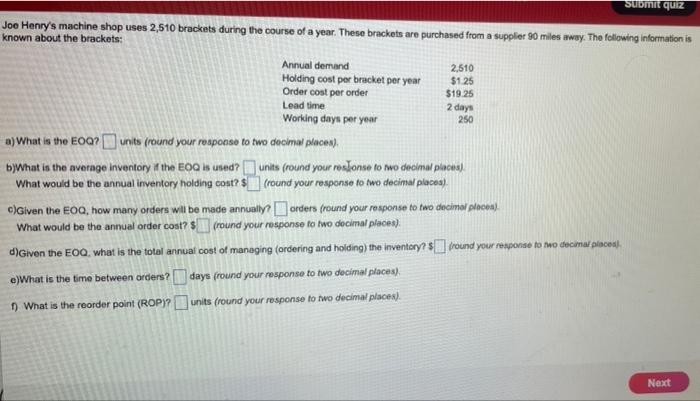 Submit quiz Lead time Joo Henry's machine shop