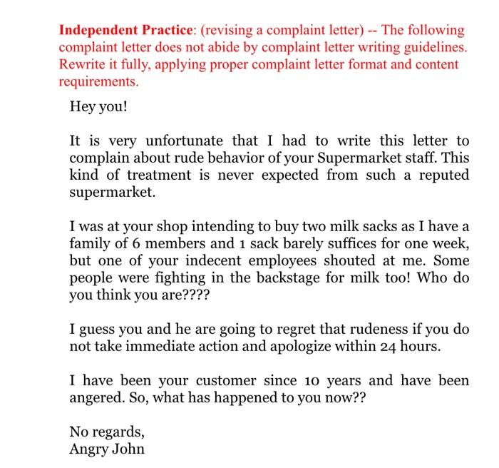 Independent Practice: (revising a complaint