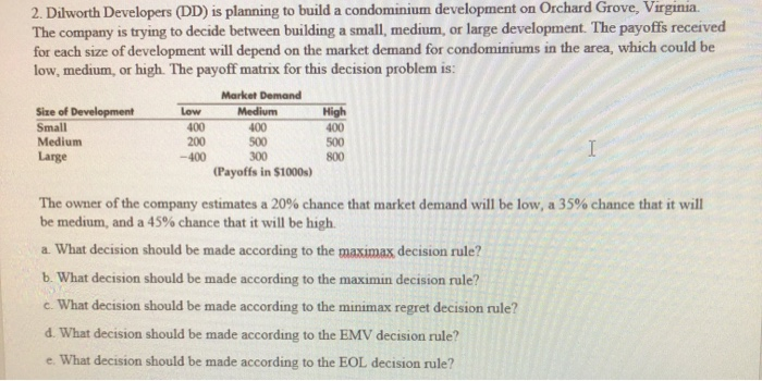 2. Dilworth Developers (DD) is planning to build