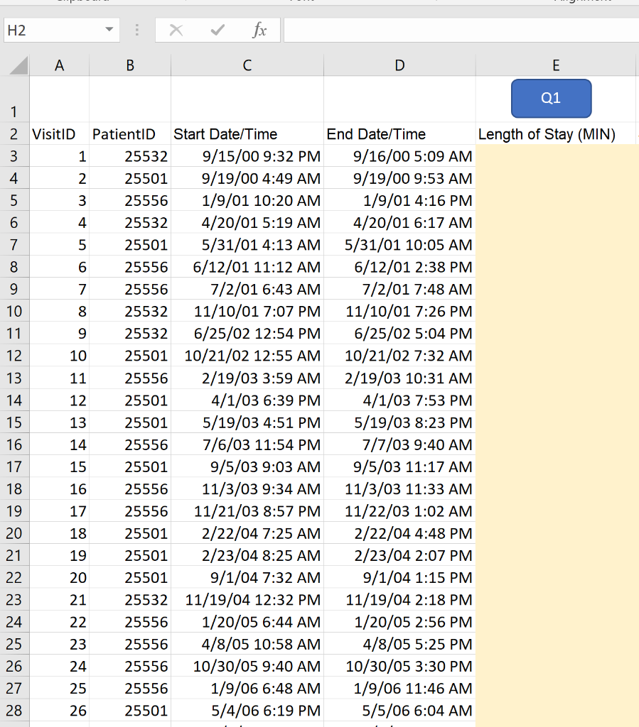 Find the length of stay in minutes (defined as