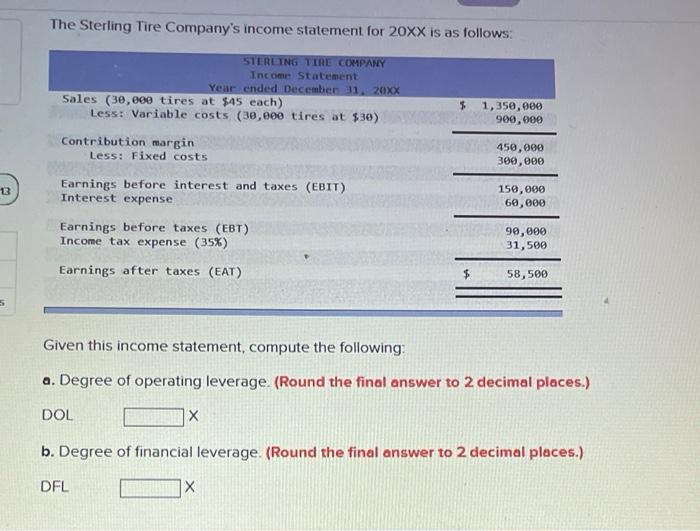 The Sterling Tire Company's income statement for