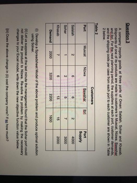 Question 3 A company imports goods at three ports