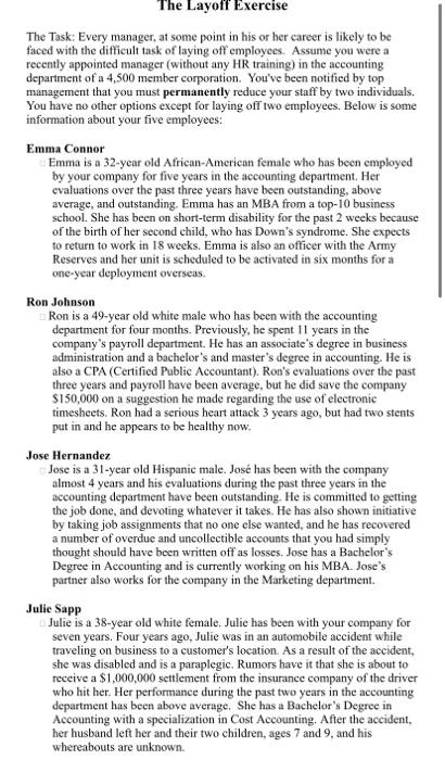 Read through the Layoff Exercise and address the