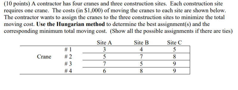 (10 points) A contractor has four cranes and