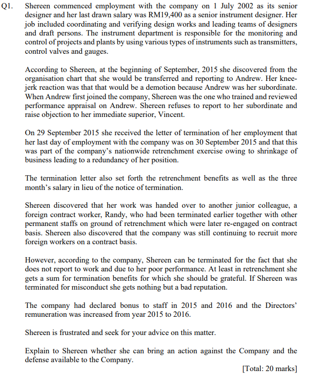 Q1. Shereen commenced employment with the company