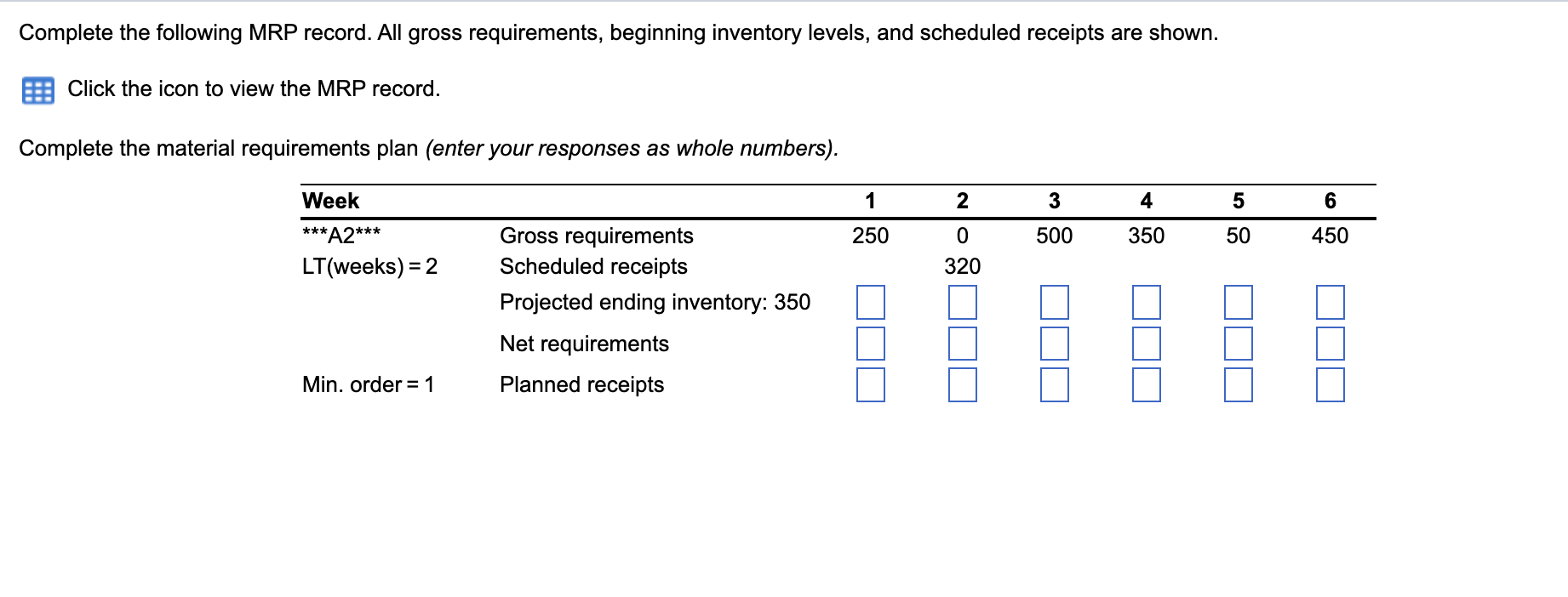 Complete the following MRP record. All gross