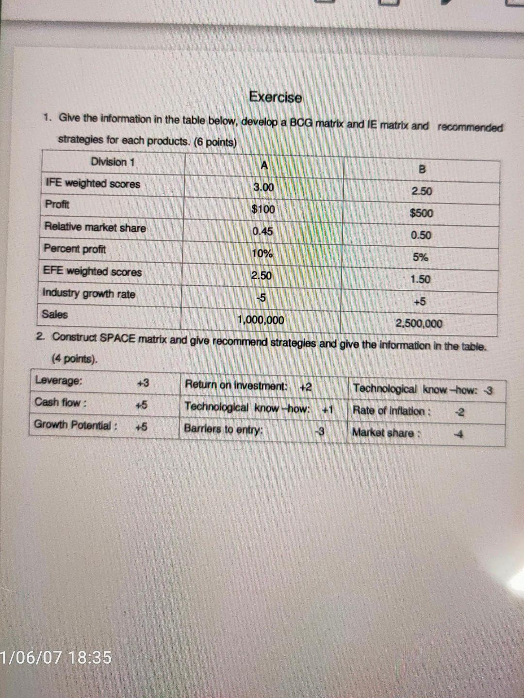 L Exercise 1. Give the information in the table