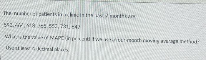 The number of patients in a clinic in the past 7
