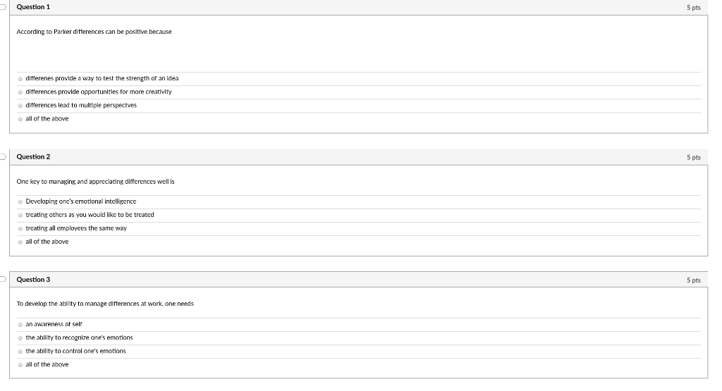Question 1 5 pts According to Parker differences