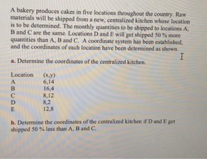 A bakery produces cakes in five locations