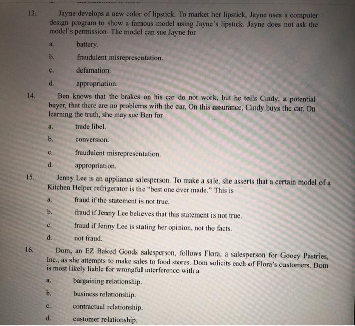 13. a c. 14. a. b. c. Jayne develops a new color