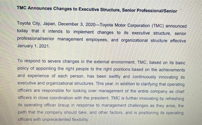 TMC Announces Changes to Executive Structure,