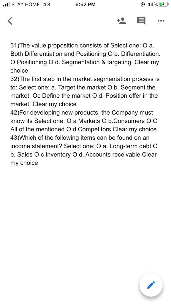 .. STAY HOME 4G 6:52 PM 44%C4 < ... 31)The value