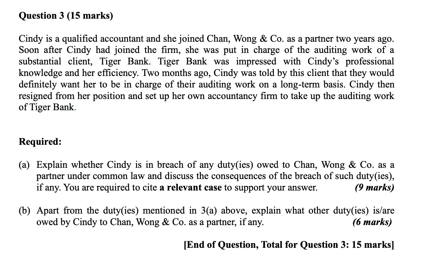 Question 3 (15 marks) Cindy is a qualified