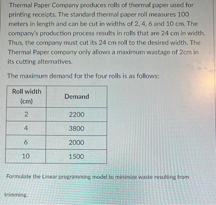 Thermal Paper Company produces rolls of thermal