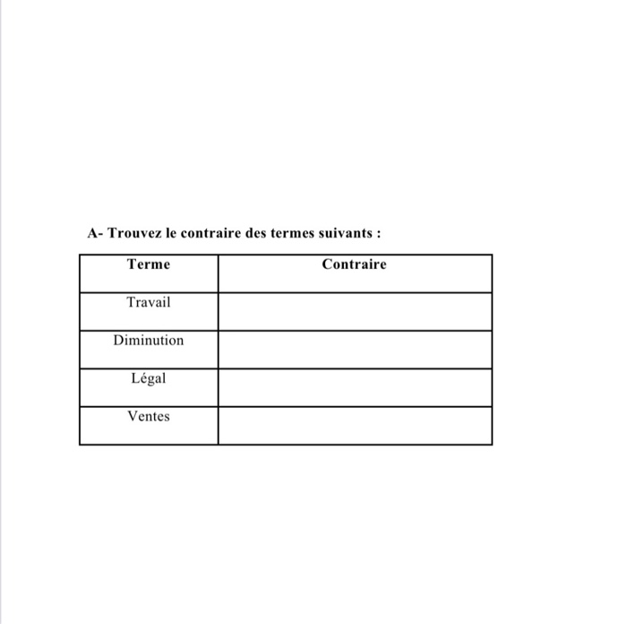 fill the blanks A- Trouvez le contraire des