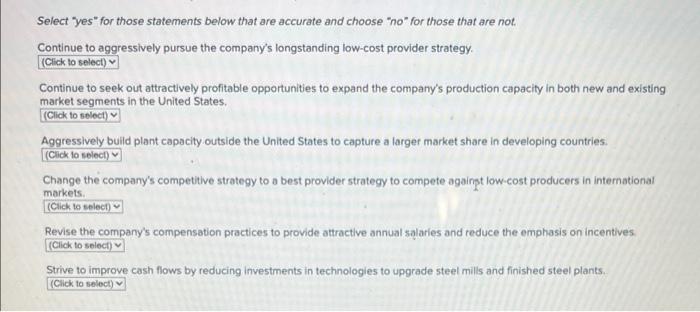 Select "yes" for those statements below that are