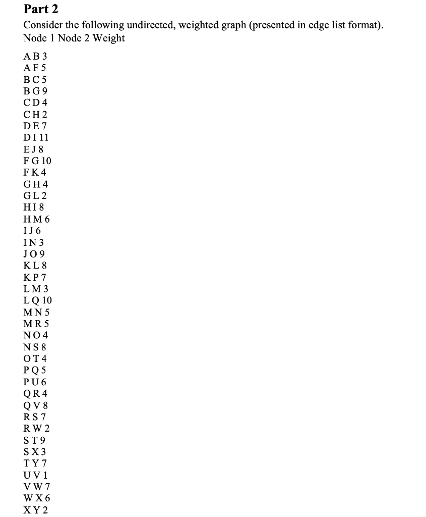 Part 2 Consider the following undirected,