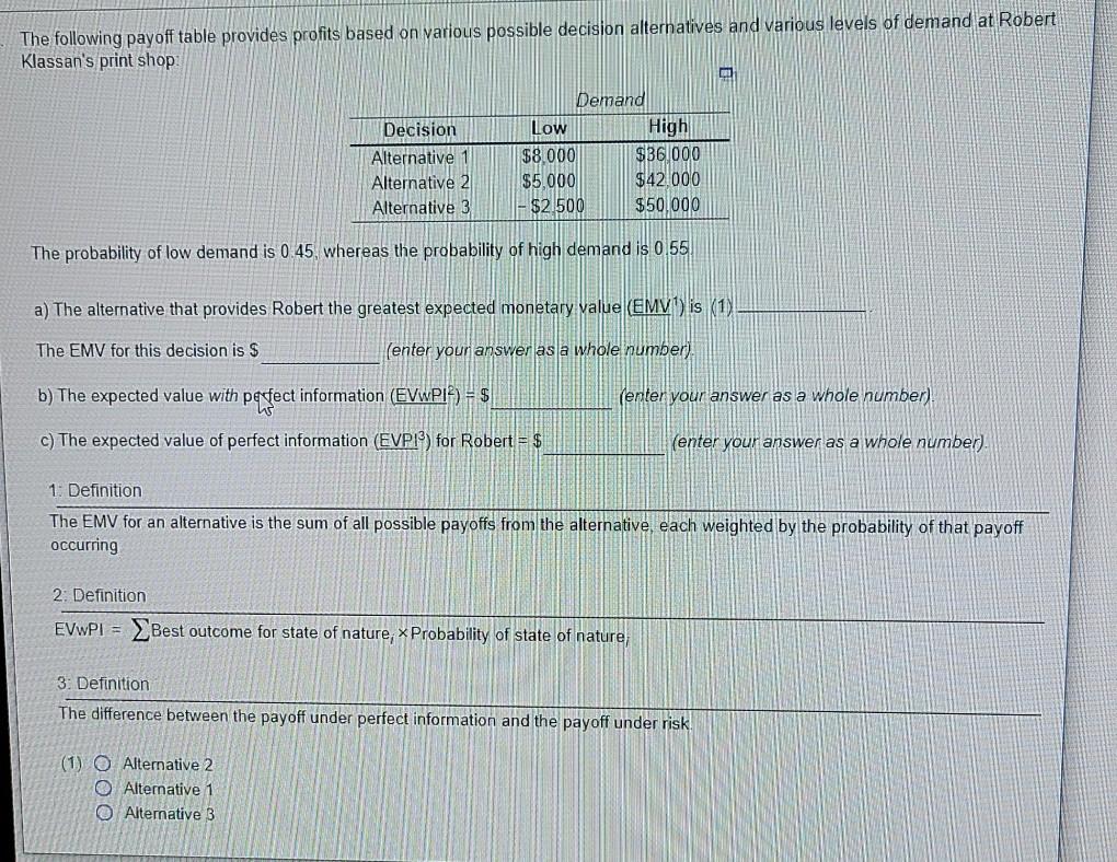 The following payoff table provides profits based