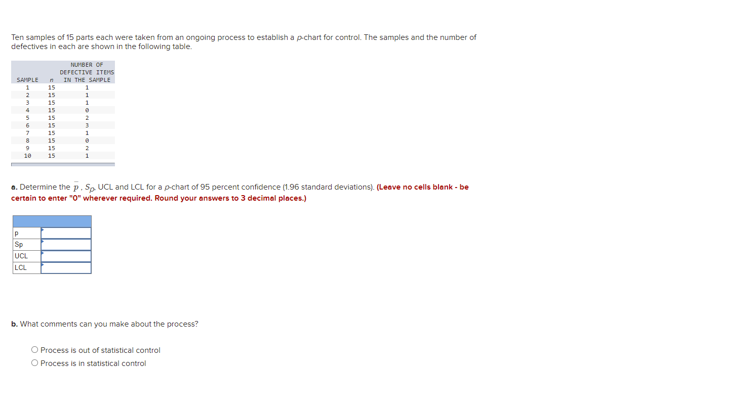 Ten samples of 15 parts each were taken from an