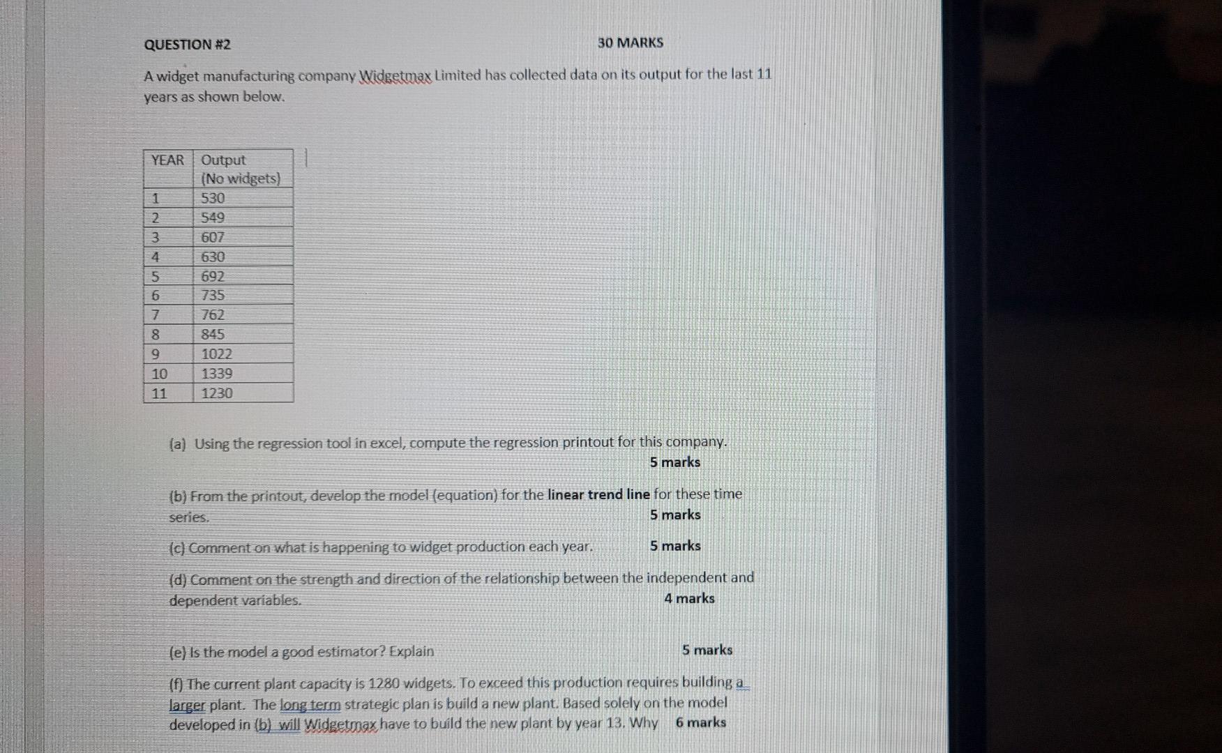 QUESTION #2 30 MARKS A widget manufacturing