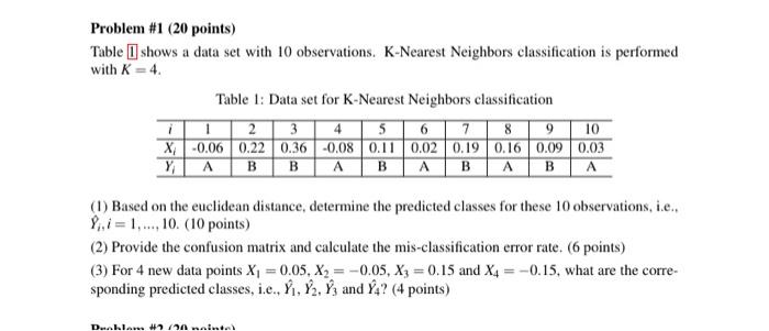 Problem #1 (20 points) Table I shows a data set