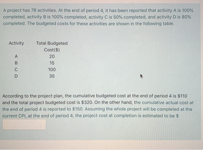 A project has 78 activities. At the end of period