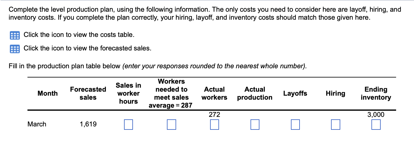 Complete the level production plan, using the