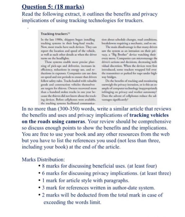 Question 5: (18 marks) Read the following