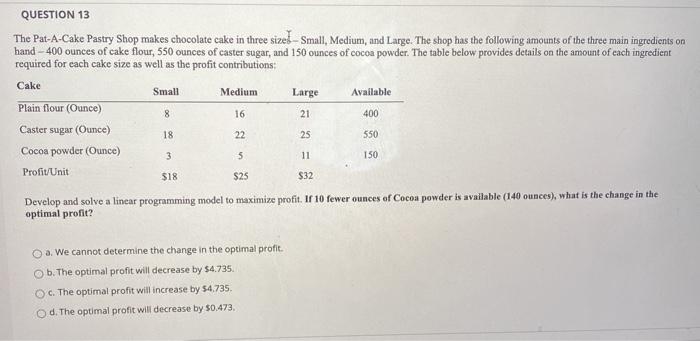 help thank you QUESTION 13 The Pat-A-Cake Pastry