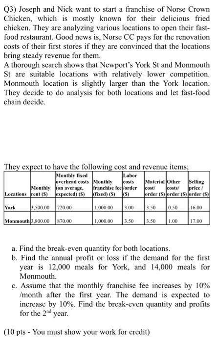 Q3) Joseph and Nick want to start a franchise of