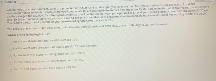 Question 8 You manufacture hand sanitizer. Sales