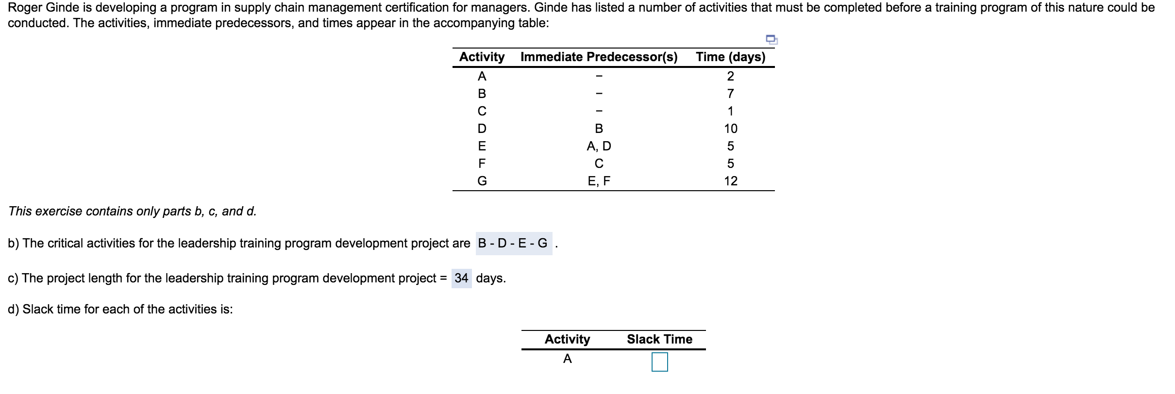 Please compute slack time for A through G. Show
