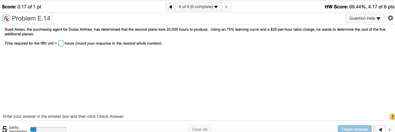 Time required for the fifth unit = Cost of the
