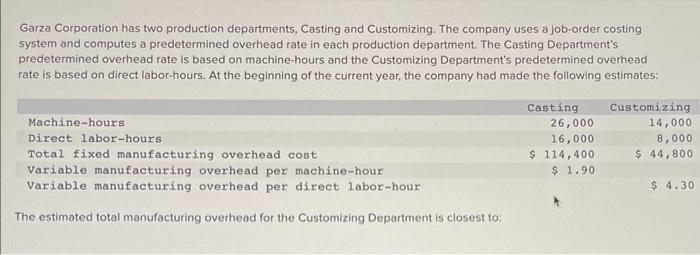 Garza Corporation has two production departments,
