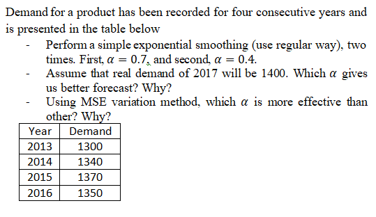 Demand for a product has been recorded for four