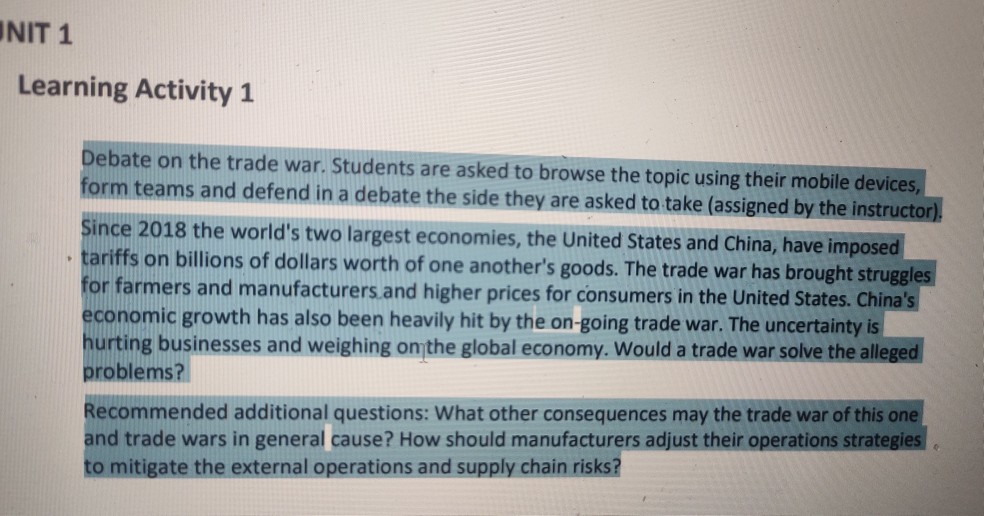 UNIT 1 Learning Activity 1 Debate on the trade