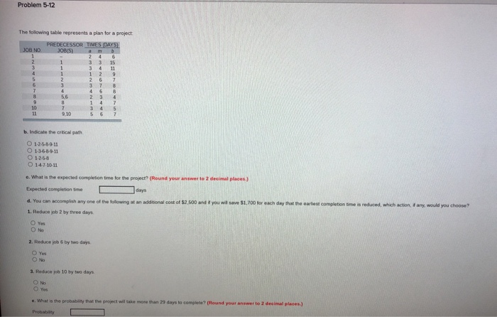 Problem 5-12 The following table represents a