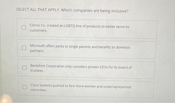 SELECT ALL THAT APPLY. Which companies are being