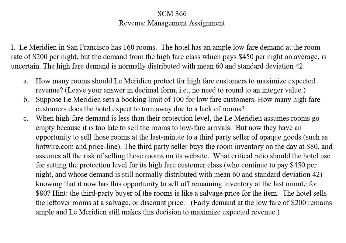SCM 366 Revenue Management Assignment I. Le