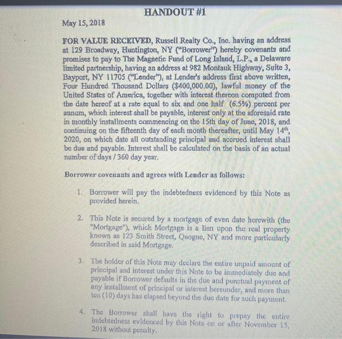 HANDOUT #1 May 15, 2018 FOR VALUE RECEIVED,